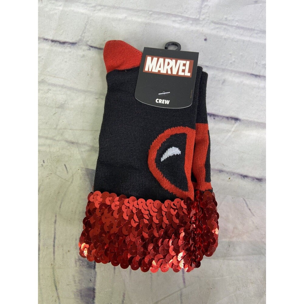Marvel Deadpool Logo Sequin Cuffed Novelty Socks 1 Pair Womens Shoe Size 5-11